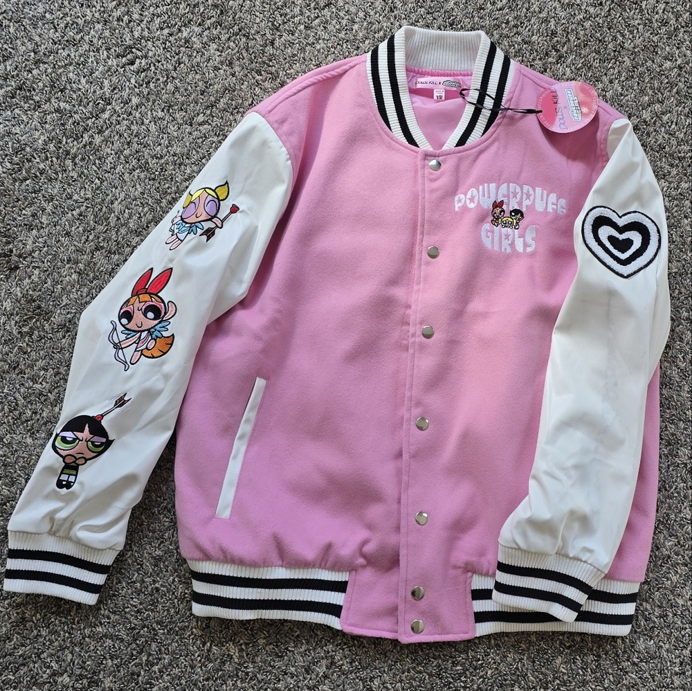 Cakeworthy x Powerpuff Girls Pink & White Cartoon Varsity Jacket